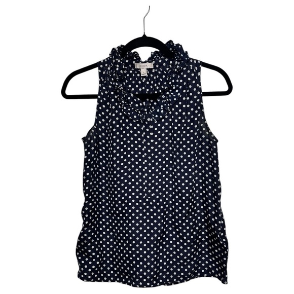 J. Crew 100% Silk Navy Polka Dot Women's Ruffle Sleeveless Top, sz 2 - Picture 1 of 6